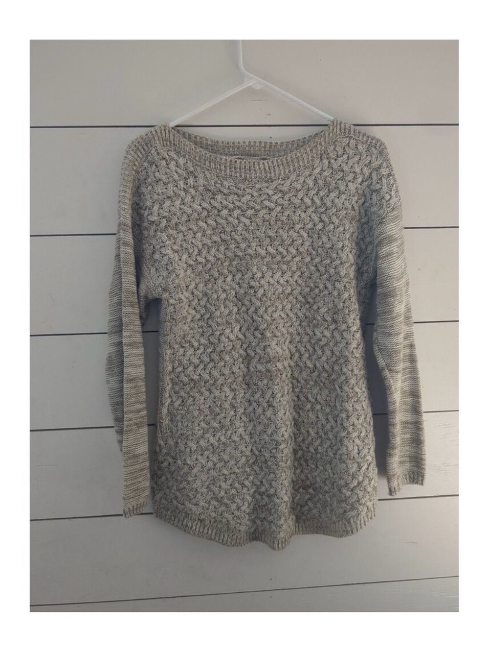 It's Our Time Heathered Light Gray Cable Knit Scoop Neck Sweater